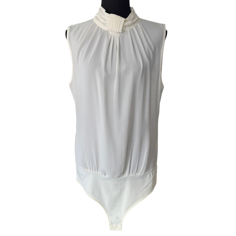 Badgley Mischka Ivory High Neck Sheer Pleated Sleeveless Bodysuit Size 10 Party